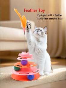 Cat Teaser Wand & Christmas Cat Toys, Cat Self-Entertainment Ball, 3-Layer Track, Funny Interactive Pet Toys, Cat Supplies, Random Color Feather And Ball, Suitable For Kittens And Adult Cats