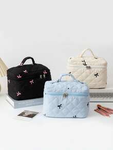 This Cute Large-Capacity Cosmetic Bag Features An Embroidered Bow, Serving As Both A Portable Travel Organizer And A Toiletry Bag, Perfect For Storing Makeup, Skincare Products, Toiletries, And Makeup Brushes. It Is An Ideal Choice For Autumn, Winter, And The Christmas Season.,Pouch,Makeup Pouch,Travel Essential - Multicolor - View 2