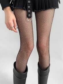 1Pair Women's Sexy Cute Elegant Slim-Fit Y2K Rhinestone Crystal Fishnet Tights - High Elastic Mesh Leggings, Breathable Skin-Friendly Sheer Stockings, Form-Fitting Hosiery For Daily Wear, Home Leisure, Outdoor, Commuting, Rave Parties & Sexy Occasions, Lightweight Stretch Adaptive To Multiple Body Types - 黑色 - 查看 2