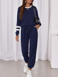 Women Fall 2 Piece Lounge Outfit Long Sleeve Tops High Waisted Jogger Pants Set Spring Travel Clothes Tracksuit New Years Valentine Vacation Outfit For Women - 藏青 - 查看 3