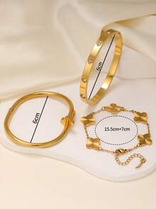 Luxury Elegant Fashion Four-Leaf Clover Nail-Shaped Inlaid Zirconia Textured Four-Leaf Clover Bracelet Stainless Steel Women's Bracelet Set, Suitable For Daily Wear, Formal Occasions, Dates, And Gift-Giving - Yellow Gold - View 7