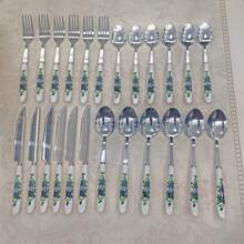 4/24件套精美蓝色玫瑰印花陶瓷柄不锈钢餐具，包括叉子、甜点勺、汤勺、牛排刀，独特优雅的餐具套装，适用于家庭、餐厅、厨房、日常用餐、派对和节日聚会。 - 銀色 - 查看 5