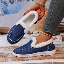 Popular Women's Low-Top Winter Casual Shoes, Felt Upper With Plush Shoe Collar, White Thick-Soled Warm Snow Boots, Women's Winter Comfortable Plush Slip-On Boots - Màu xanh lam - Xem 2
