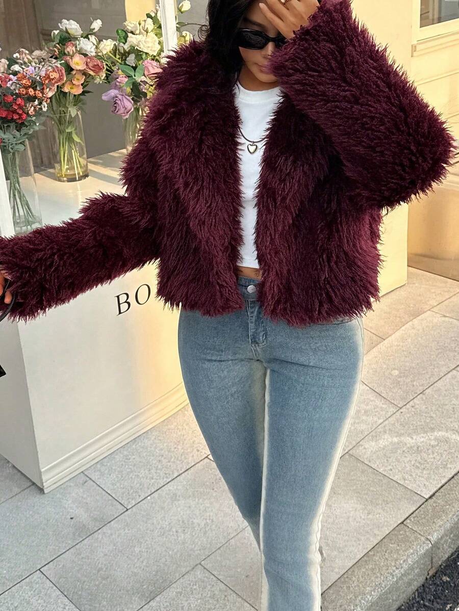 Seelio Women's Autumn/Winter Faux Fur Short Jacket, Warm, , Oversized, Fashionable, Viral New Arrival Thick Winter Coat - Burgundy - View 1