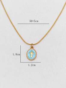 1pc 18K Gold Plated Stainless Steel Oil Drop Round Cross Pendant Necklace, Vintage French Minimalist Elegant Jewelry, Sweater/Choker Chain - Multicolor - View 6
