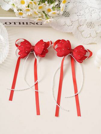 2pcs/Set Girls' Red Ribbon New Year Headpiece, Elegant Rhinestone Beaded Bowknot Hair Clips, Cute Minimalist Academic Style Hair Accessories, Fashion Design, Suitable For Party, Gift, Back To School, Daily Wear