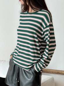DAZY Áo thun nữ cổ tròn tay dài rộng rãi họa tiết sọc, quần áo mùa thu - màu xanh lá - Xem 1