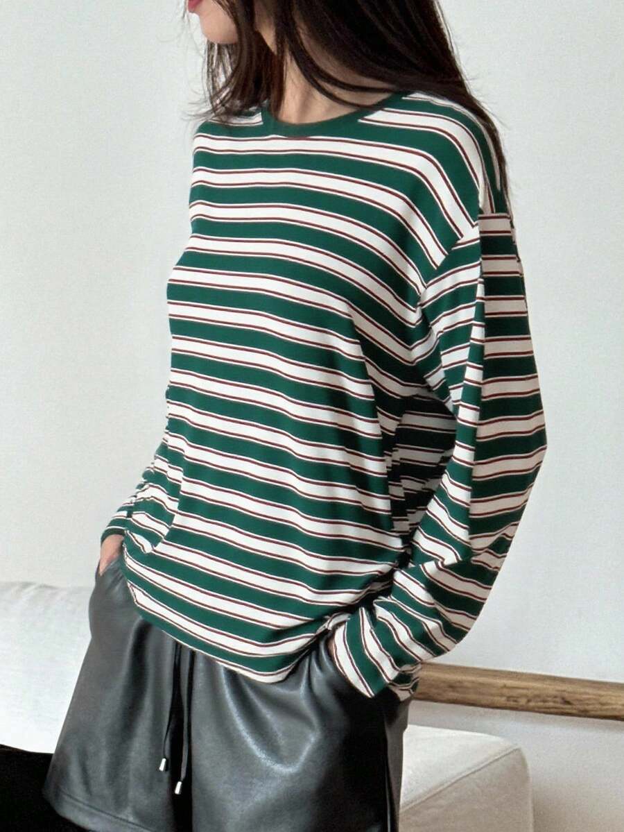 DAZY Áo thun nữ cổ tròn tay dài rộng rãi họa tiết sọc, quần áo mùa thu - màu xanh lá - Xem 1