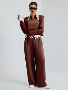 Women's Casual Business Sweetheart Neck Long Sleeve Top And Loose Straight Leg Pocket Pants 2 Pieces Set, Autumn/Winter - Coffee Brown - View 6