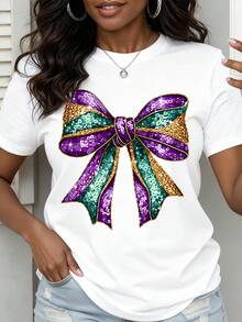 Mardi Gras Sequin Bow T Shirt Women White Purple Green Gold Party Celebration Top - trắng - Xem 1
