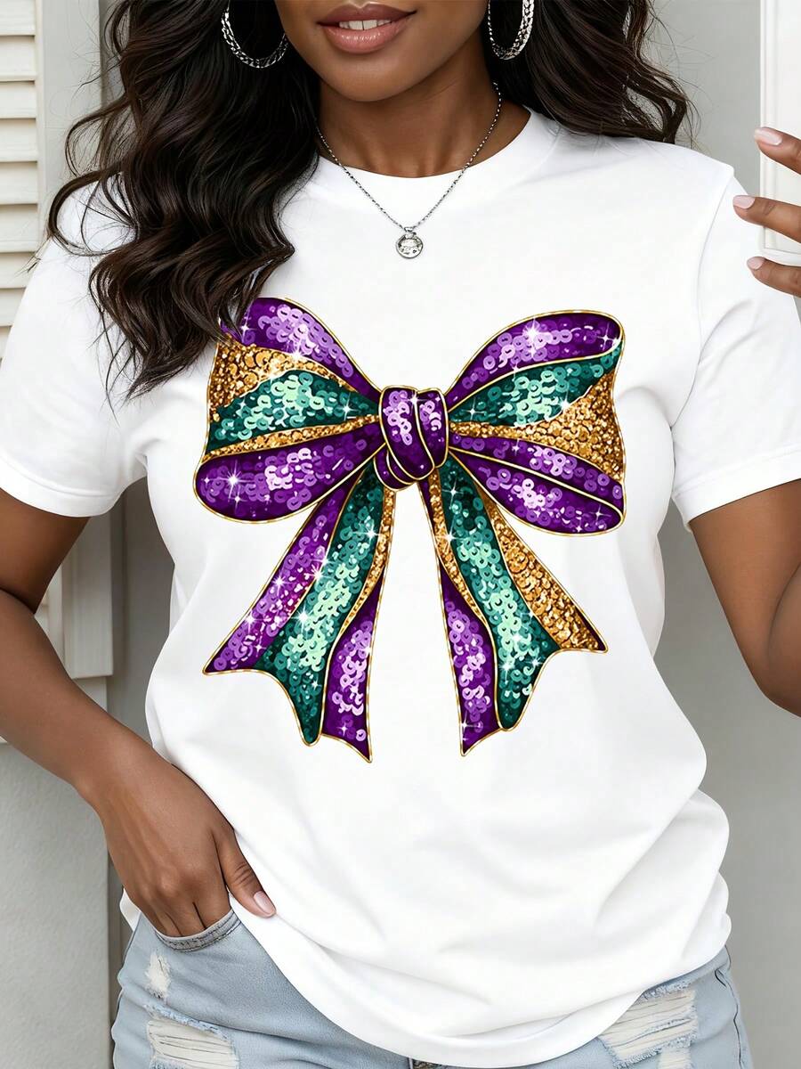 Mardi Gras Sequin Bow T Shirt Women White Purple Green Gold Party Celebration Top - trắng - Xem 1