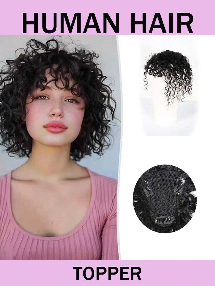 Kẹp vào phần tóc giả trên cùng của con người để che tóc rụng làm bằng máy, tóc giả dạng sóng nước làm từ tóc thật, dành cho phụ nữ có mái tóc mỏng, tăng thêm độ phồng, màu đen - Tự nhiên & Đen - Xem 1