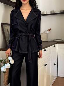 DAZY 女士翻领夹克和宽松牛仔裤套装 - 藍色 - 查看 2