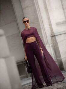Women Mesh Sheer Half See-Through Tops Long Cape Poncho Cloak Crop Tops Lightweight Summer Shrug Bolero Batwing Sleeve Pullover  Y2k Clothes Cover Up Beachwear Going Outwear - 酒紅色 - 查看 1