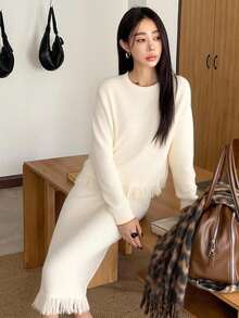 DAZY Women's Elegant Solid Color Fringe Knit Sweater & Skirt 2 Pieces Set, Autumn - Beige - View 5
