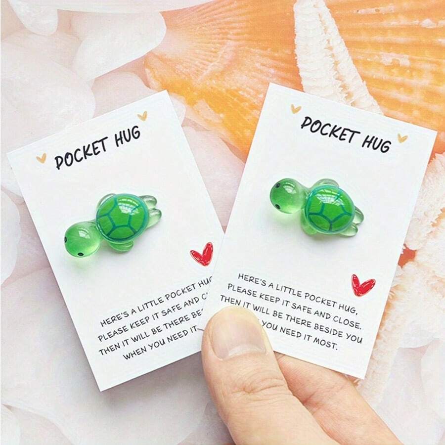 10张心形绿色海龟口袋拥抱卡 - 纪念礼物，表达感激、爱和支持，适合生日、情人节、圣诞节、海龟主题礼物、口袋拥抱卡、海龟周边、幸运海龟、感谢卡、圣诞卡 - 彩色 - 查看 1