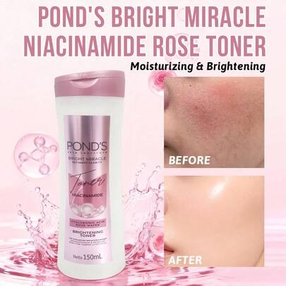 Pond's Ponstel 亮白奇迹烟酰胺玫瑰爽肤水，提亮肤色，保湿补水，平衡油脂，柔嫩肌肤，舒缓泛红，蕴含98%烟酰胺和玫瑰精华，瞬间融入肌肤，温和不刺激，妆前使用效果极佳，72小时深层保湿，双重清洁，面部爽肤水，早晚/节日/国际妇女节礼物，适合干性及敏感性肌肤，夜猫子适用，学生预算友好，晒后修复面膜，办公补水，旅行应急，节日礼物