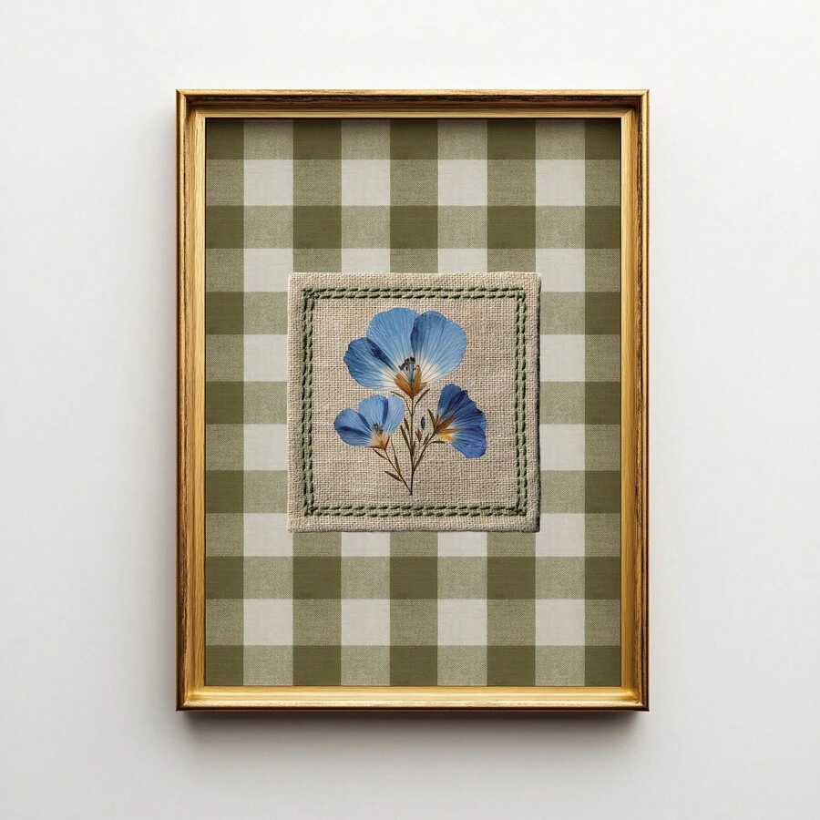 1/2件套无框蓝色亚麻花卉印花鼠尾草绿格子墙饰亚麻植物海报田园风植物艺术乡村农舍风格宿舍房间装饰卧室墙饰复古花卉印花乔迁礼物无框植物艺术套装美学房间装饰 - 彩色 - 查看 1