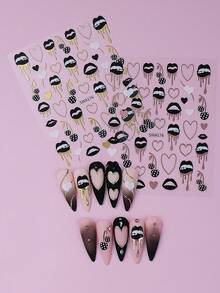 2 miếng dán móng tay hình trái tim, môi và quả anh đào độc đáo, họa tiết trái tim viền đồng kim loại, thích hợp cho móng acrylic, phụ kiện trang trí móng 3D tự dính. - Nhiều màu - Xem 10