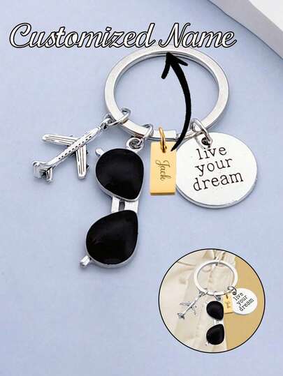 Llavero con cita de piloto "Vive tu sueño", tema de viaje con avión y gafas de sol, regalo de piloto, llavero de estilo deportivo, accesorios únicos para teléfonos móviles, diseño sencillo, adecuado para carteras y accesorios de teléfonos móviles de mujeres, para regalar a amigos, familiares, novias, accesorios para exteriores, accesorios para fiestas, regalos, recuerdos, colgante para bolso de mujer, colgante para coche