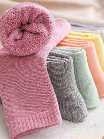5 pares de calcetines térmicos en tonos pastel, calcetines de tubo medio simples y cálidos para otoño e invierno, medias y lencería para mujer