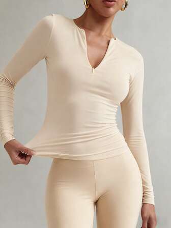 XLLAIS 时尚拉链领纯色紧身T恤 女士运动休闲长袖弹力上衣