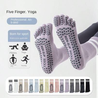 1双女士硅胶防滑中筒袜，条纹无缝运动健身五趾袜，防滑袜，适合瑜伽、普拉提、芭蕾把杆等运动；五趾袜