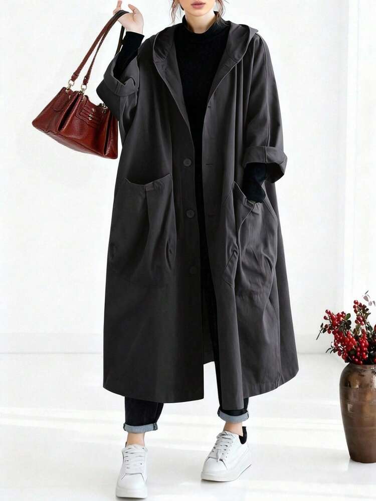 Oversized Lightweight Long Trench Coat For Women, National Style, With Large Pockets, Button Front, Hooded, Casual & Versatile, Autumn/Winter Spring - Dark Grey - View 2
