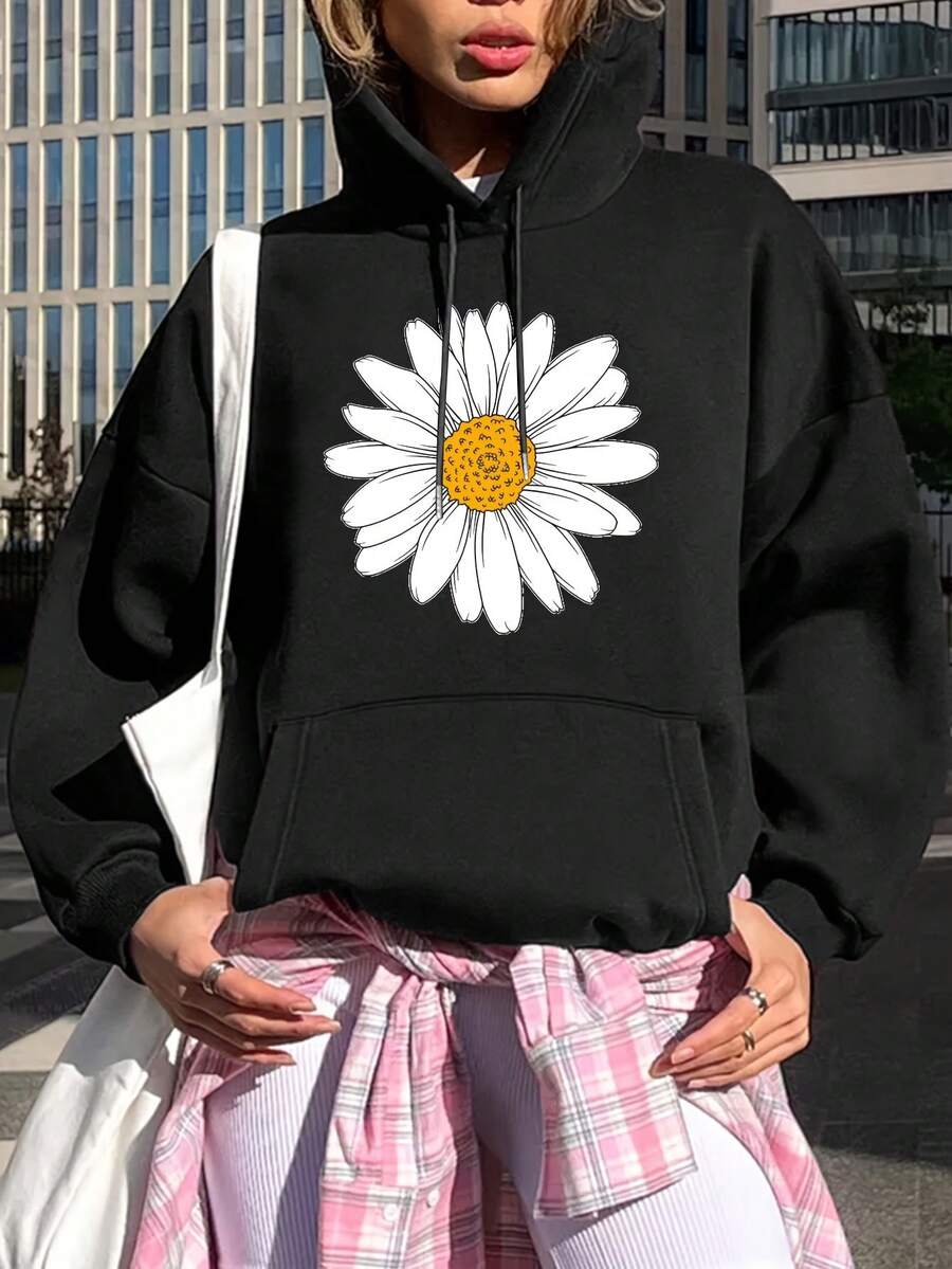 Sudadera Casual para Mujeres con Patrón de Margaritas, Tejido de Punto 100% Poliéster, Sudadera con Capucha y Cordón para las Cuatro Estaciones - Negro - Ver 1