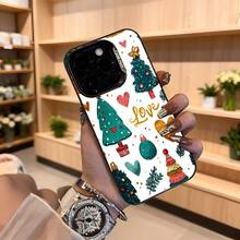 Cubierta de teléfono con diseño navideño blanco con árboles de navidad corazones bolas y texto Love para temporada festiva Aplicable a los teléfonos de la serie Apple y Galaxy - Negro - Ver 4