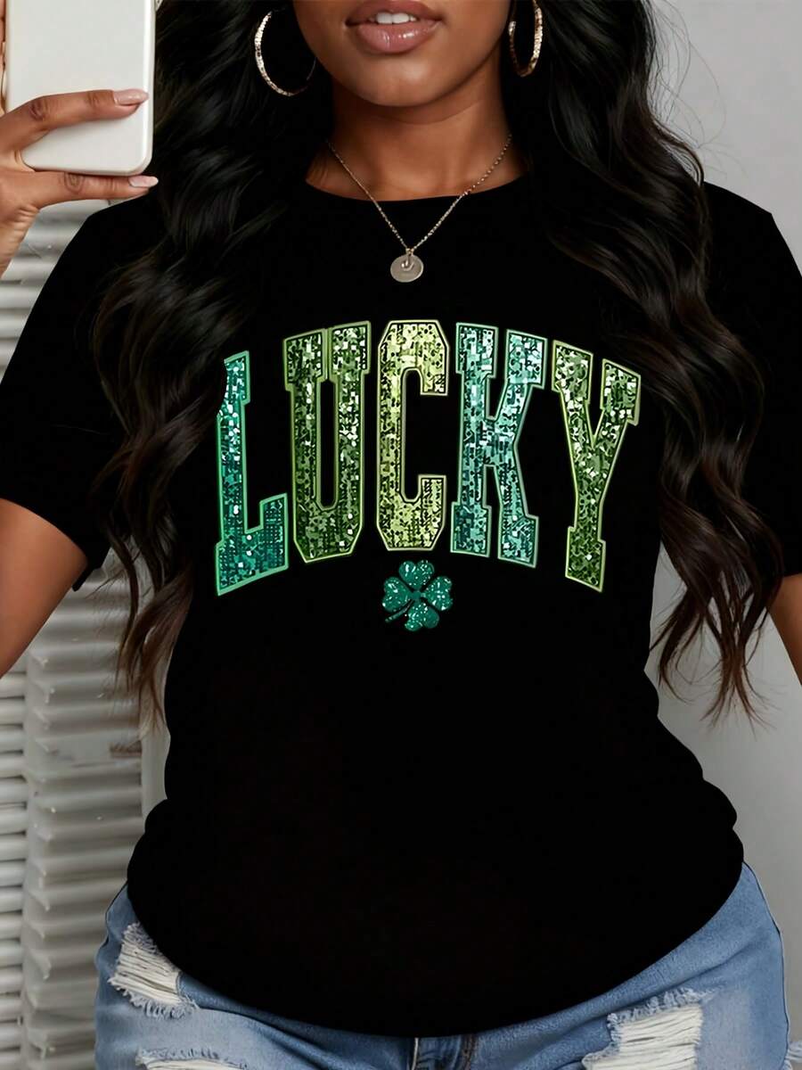 Women's Casual T-Shirt Lucky St Patrick Day Green Sequin Clover Print For Saint Patricks Day Celebration - 黑色 - 查看 1