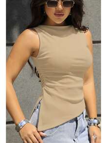 Women's Asymmetrical Ribbed Plain Blouse Summer 2025 | Sophisticated Casual Fashion Basic Look - 米色 - 查看 1