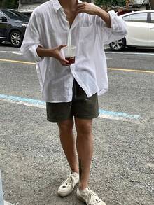 Men's Solid Color Long Sleeve Single-Breasted Pocket Loose Casual Shirt, Autumn - White - View 3