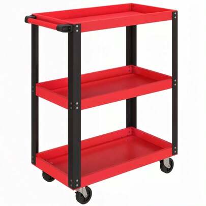 HOMCOM 3-Tier Tool Trolley, Metal Frame, 120kg Load Capacity, Wheels, Handle, Red