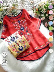 Áo cánh Boho Vintage rộng rãi thêu họa tiết cho nữ, Áo thường ngày mùa xuân/hè - Đỏ - Xem 1