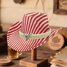 Gorra vaquera estilo western, elegante, a rayas, con toro decorativo y cinturón de ala ancha. Sombrero unisex para actividades al aire libre. - Rojo sandía - Ver 1