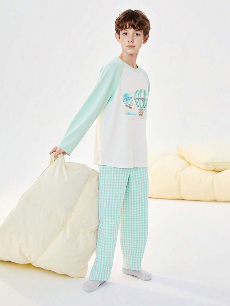 2pcs/Set Tween Girls' Spring Cotton Letter Print Raglan Sleeve Top And Plaid Pants Pajama Set - Green Tone - View 2
