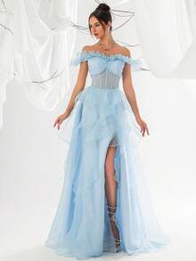 VIPGIRL Light Blue Mesh Ruffle Mermaid Maxi Dress For Women - Baby Blue - View 1