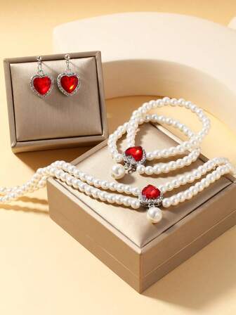 Juego de joyería de 4 piezas con collar, pulsera y aretes de perlas de estilo palaciego vintage para mujeres, adecuado para fiestas de noche y regalos de vacaciones