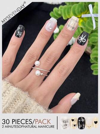 30pcs Square/Y2K Cute 3D Pattern Nail Stickers, Decorated With Rhinestones, Suitable For Short Nails, Perfect Fitting Acrylic Fake Nail Set, Includes 1 Gel Polish And 1 Nail File, Suitable For Women For Daily Work, Study And Gatherings, Also Suitable For Parties, Festivals And Daily Use In Autumn/Winter