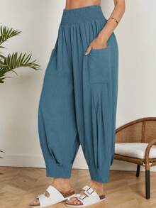 Women's Casual Solid Color Double Pocket Harem Pants - Blue - View 3