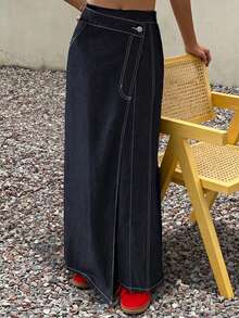 Livesso 女士休闲简约纽扣牛仔A字裙 长款牛仔裙 裹身牛仔裙 裹身牛仔裙 裹身长裙 - 藍色 - 查看 2