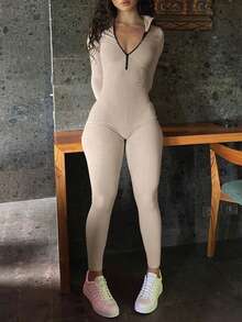 Blazique Mystra 女士休闲撞色罗纹拉链连体裤 - 杏色 - 查看 8