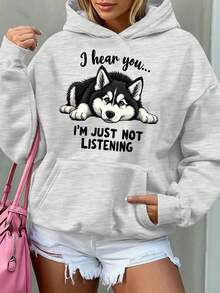 Envío Local - Sudadera con Capucha de Moda para Damas con Patrón de Husky Siberiano "Te Entiendo..." - Sudadera Rosa Rosa con Bolsillos Laterales, Sudadera Cómoda para Amantes de Perros - Regalo de Invierno Perfecto, Tela Cálida y Suave, Diseño Lindo, Ropa Casual - Gris - Ver 2