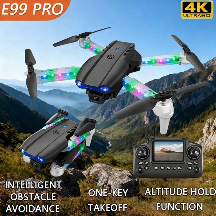 E99 Pro Drone With Screen, Dual 4K HD Cameras, Entry-Level Drone, Headless Mode, Brushless Motor& Obstacle Avoidance, One-Click Taking-Off And Landing, RGB Night Flight LED Lights, Easy To Operate, Best For Beginners, 360° Stunting, Altitude Holding, Real-Time Version Transimission, Perfect For Sceneries Recording, Daily Recording, Best Gift For Birthday, Holiday, Indoor&Outdoor Use, Beginner Drone - 黑色 - 查看 1