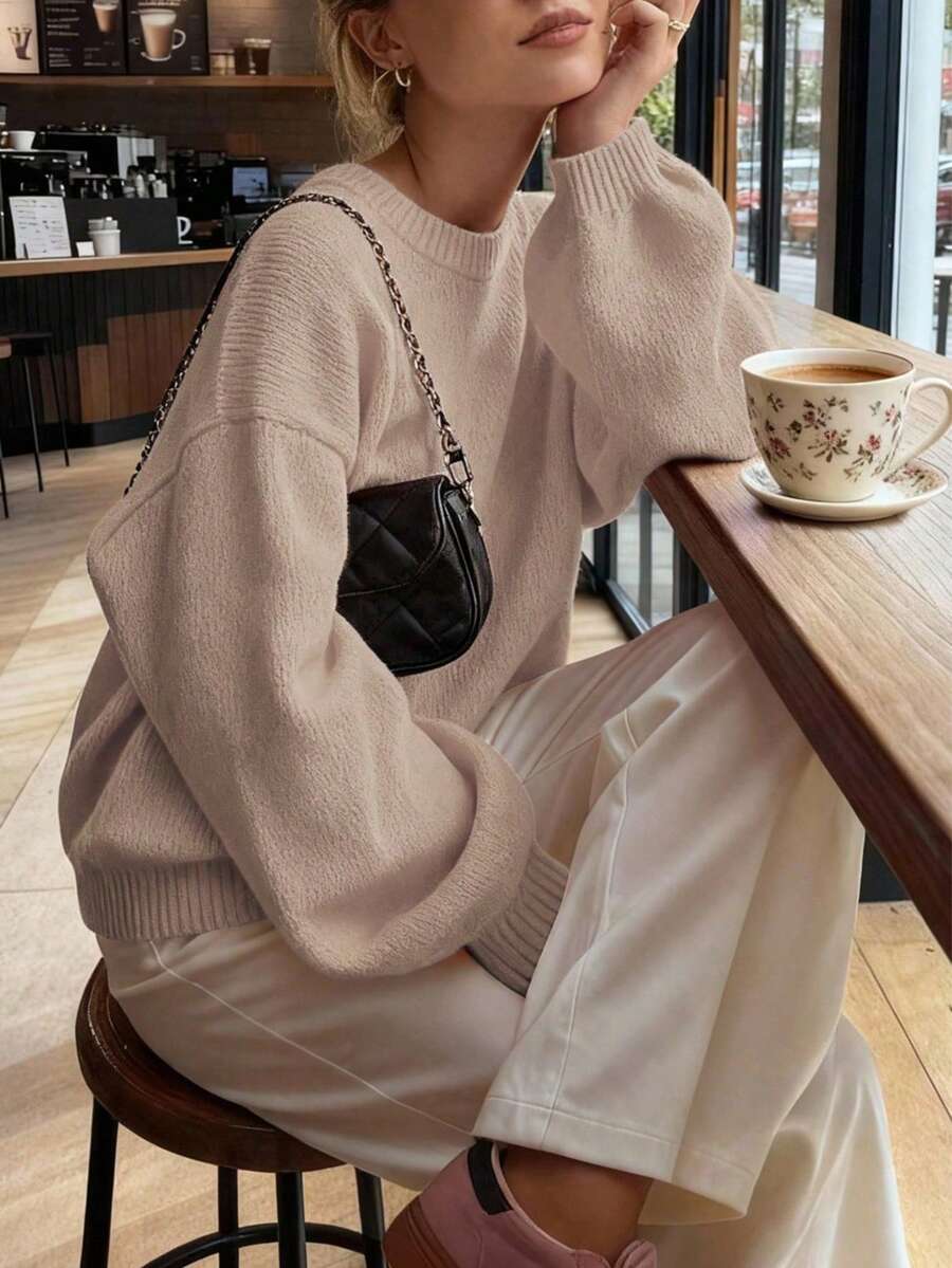 FOR BEAUTY 秋冬新款少女风圆领长袖针织衫，女士宽松简约百搭落肩套头衫，新年必备 - 深花杏 - 查看 1