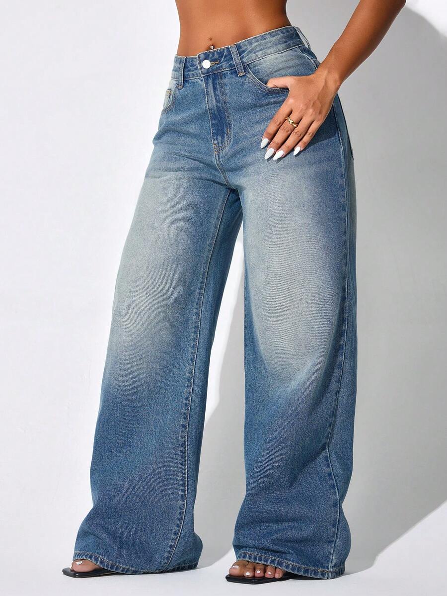 Quần jeans nữ ống rộng cạp thấp, màu xanh dương, có túi hai bên, kiểu dáng suông, thích hợp cho mùa thu và mùa xuân. - Xanh đậm - Xem 1