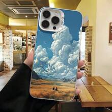 Cubierta de telefono con diseño de paisaje montañoso azul claro con nubes blancas y campo dorado para iPhone 14 Pro Max funda protectora elegante para uso diario en cafeterías y viajes - Blanco - Ver 7