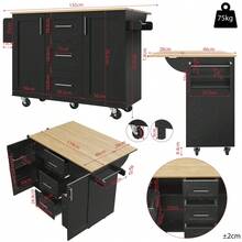 Kitchen Island, Removable Partitions, Removable Casters Like Kitchen Cabinets, Dining Cart With Countertop, Buffet Cabinet, Dining Cart With Wood Grain, Side Towel Rack With Casters, White - Black + MDF+Metal - View 2