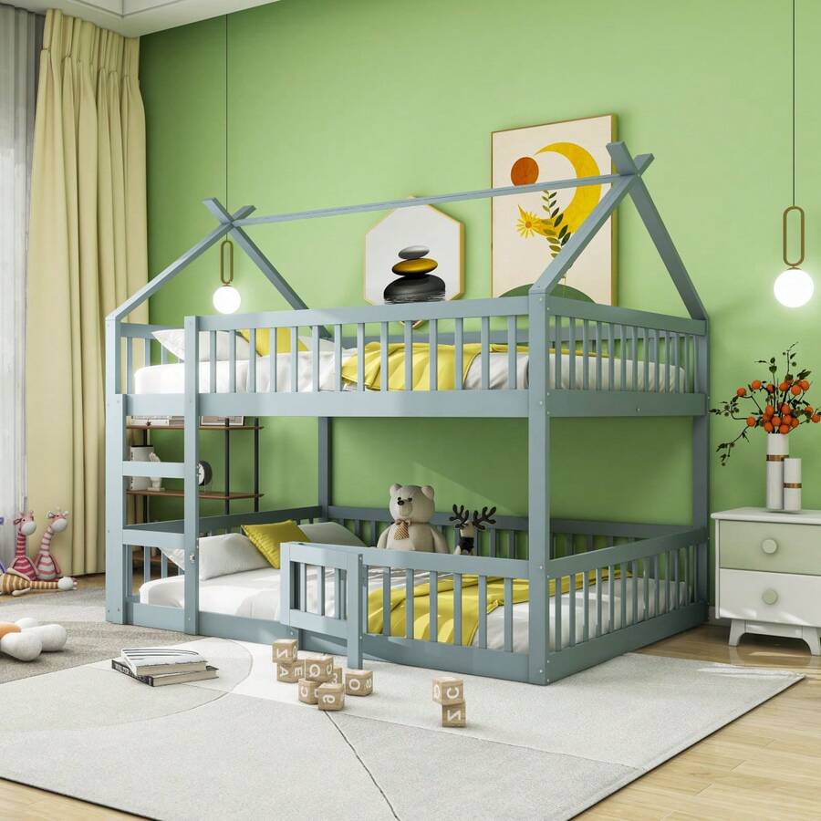 Children's Bunk Bed 140*200, Children's Bed, Bunk Bed With Ladder, Loft Design, Solid Wood Bunk Bed Frame, Grey - Gray + Wood + Wood - View 1
